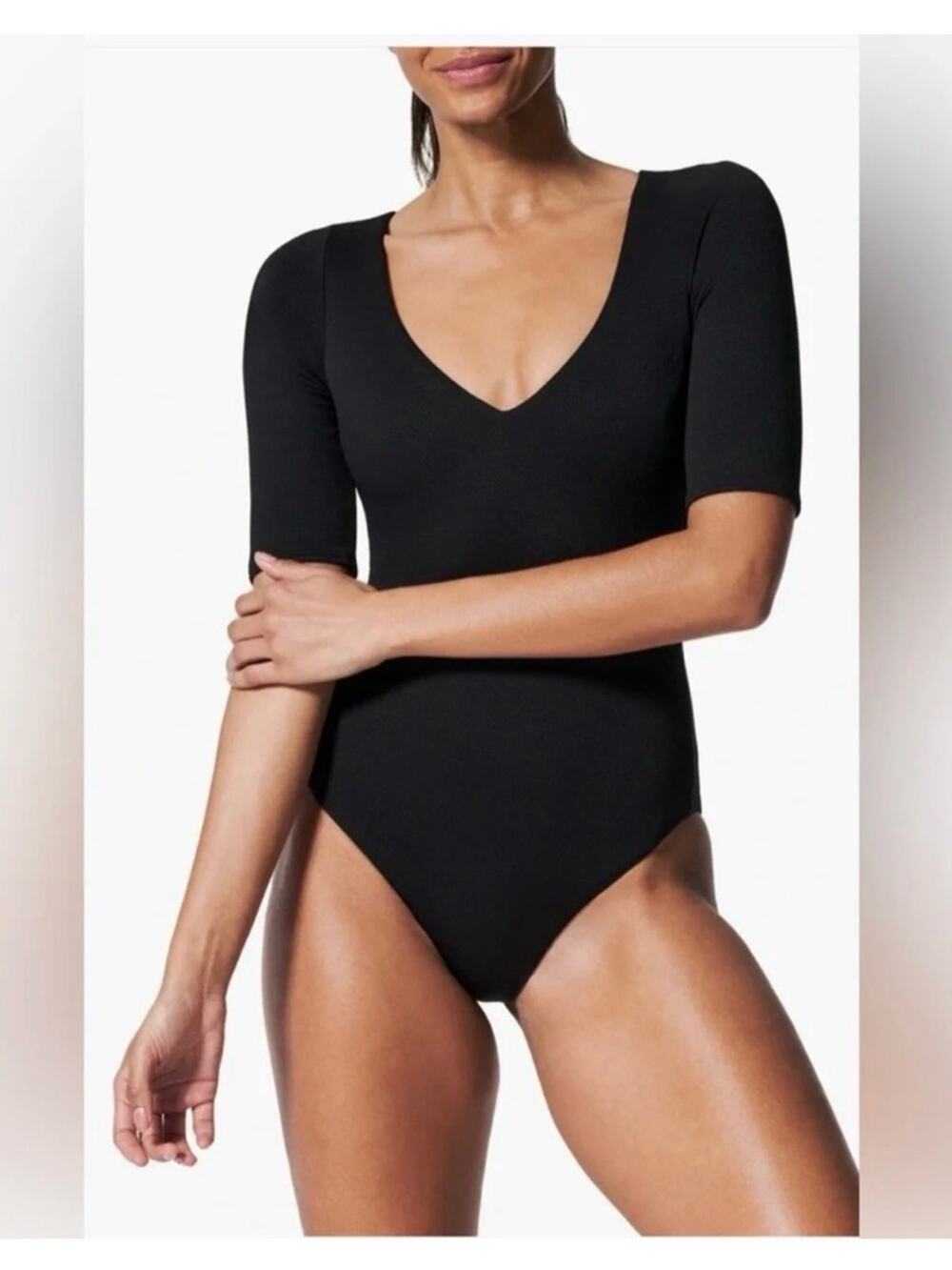 SPANX Pique Shaping Short Sleeve One-Piece Rashguard Swimsuit Black Size XL